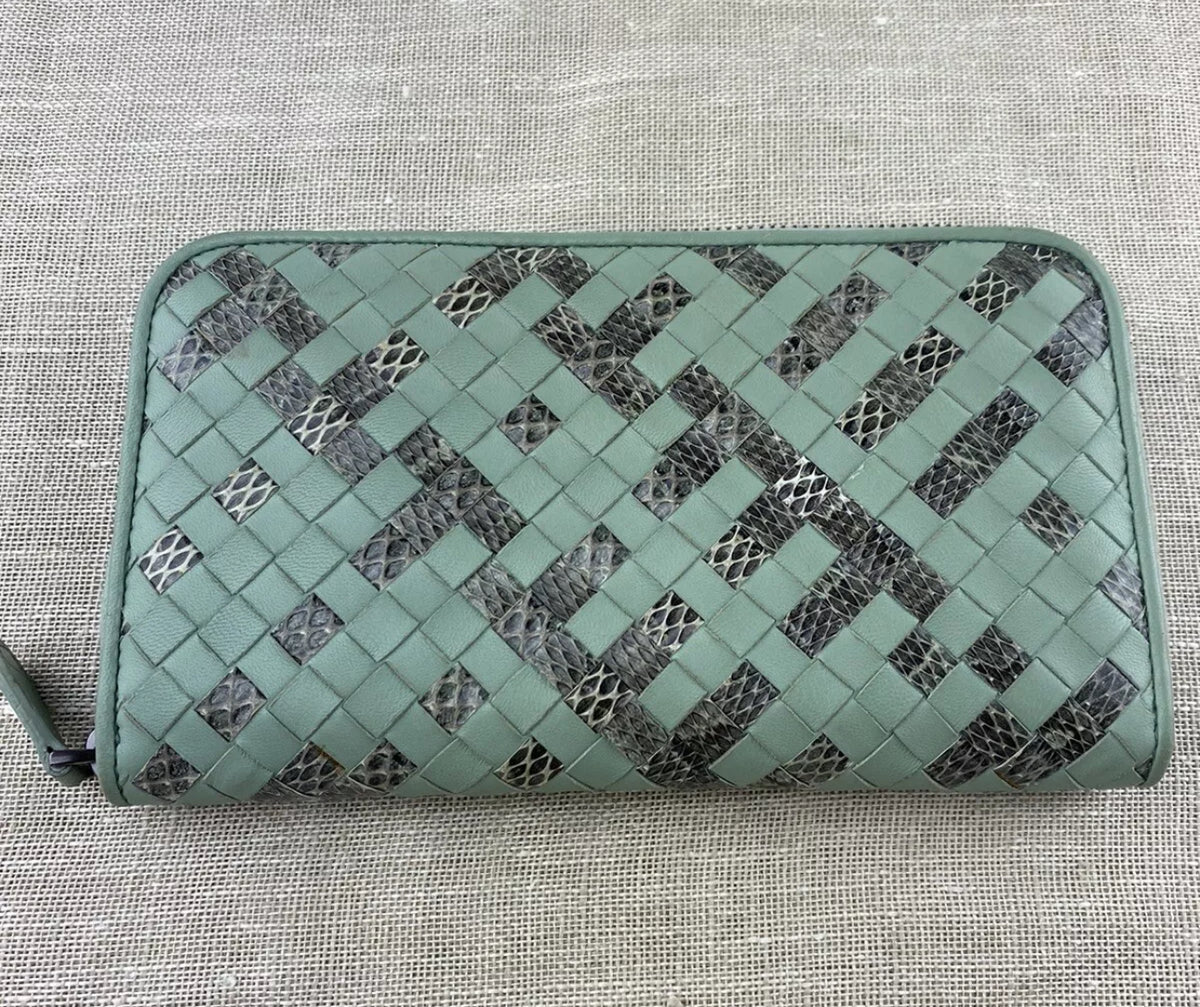 Bottega Veneta Mint Green and Snakeskin Woven Leather Zip Around