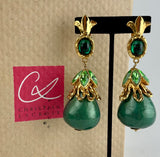Christian Lacroix Enamel Clip On Green Stone Dangle Earrings