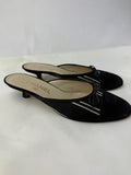 CHANEL Satin Black White Stripes CC Bow Cap Toe Mule Kitten Heels 37.5