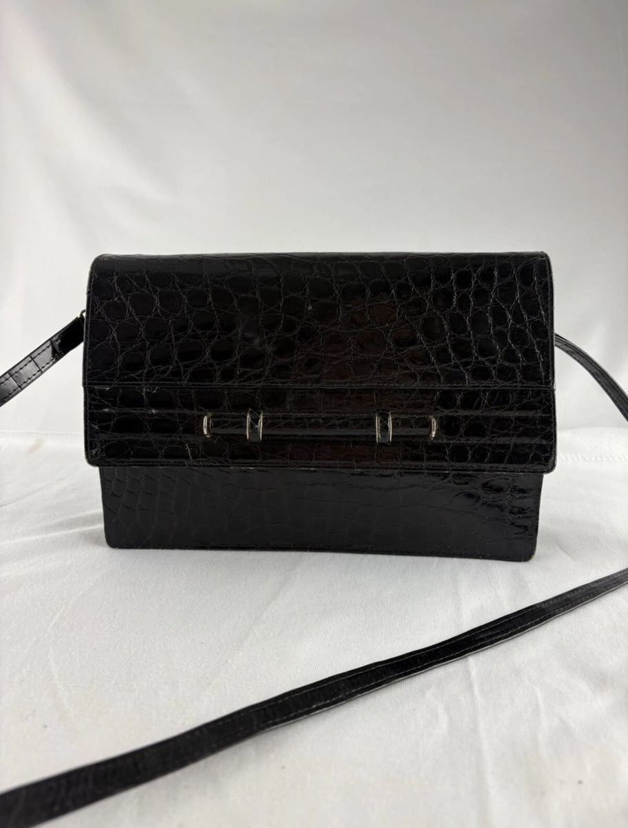 Zagliani Black Crocodile Pattern Purse Pennypincherboutique zagliani-black-crocodile-pattern-purse-pennypincherboutique