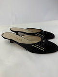 CHANEL Satin Black White Stripes CC Bow Cap Toe Mule Kitten Heels 37.5