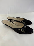 CHANEL Satin Black White Stripes CC Bow Cap Toe Mule Kitten Heels 37.5