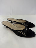 CHANEL Satin Black White Stripes CC Bow Cap Toe Mule Kitten Heels 37.5
