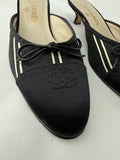CHANEL Satin Black White Stripes CC Bow Cap Toe Mule Kitten Heels 37.5