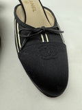 CHANEL Satin Black White Stripes CC Bow Cap Toe Mule Kitten Heels 37.5
