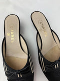 CHANEL Satin Black White Stripes CC Bow Cap Toe Mule Kitten Heels 37.5