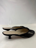 CHANEL Satin Black White Stripes CC Bow Cap Toe Mule Kitten Heels 37.5