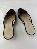 CHANEL Satin Black White Stripes CC Bow Cap Toe Mule Kitten Heels 37.5
