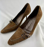 Gucci Brown Suede Wood Leather Pointed Toe Pumps