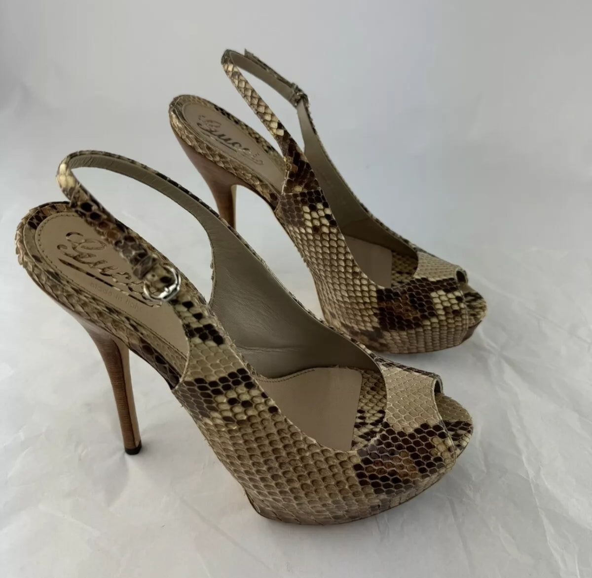 GUCCI Sandals Platform Sandal Brown Leather Peep Toe Ankle