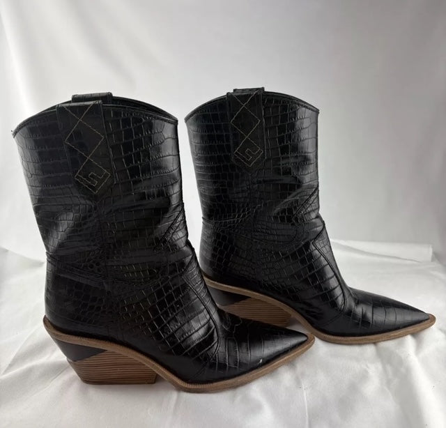 Fendi Black Crocodile Embossed Leather Cowboy Western Boots Size