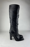 Saint Laurent Tall Black Leather Strappy Trim Boots Size 38.5 US Size 8.5