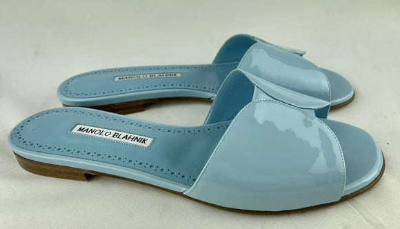 Manolo Blahnik Light Blue Houramu Patent Leather Sandals