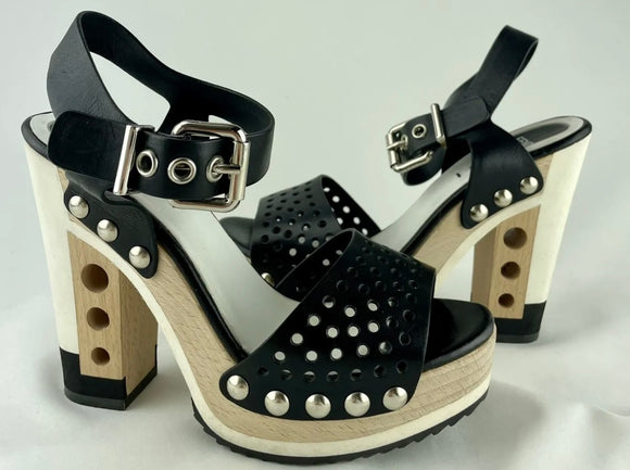 FENDI Leather Cutout Accent Wooden Platform Sandals