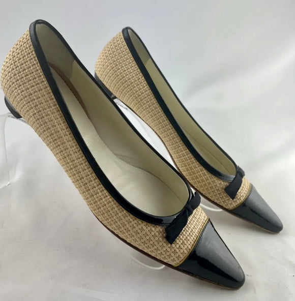 Prada Black Patent Pointed Toe Wicker Weave Bow Ballet Flats