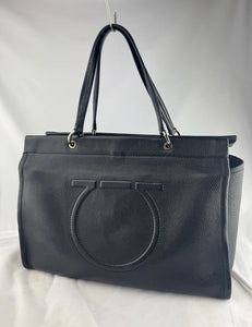 Ferragamo Gancini Black Leather Gold Hardware Tote Hand Bag