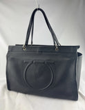 Ferragamo Gancini Black Leather Gold Hardware Tote Hand Bag