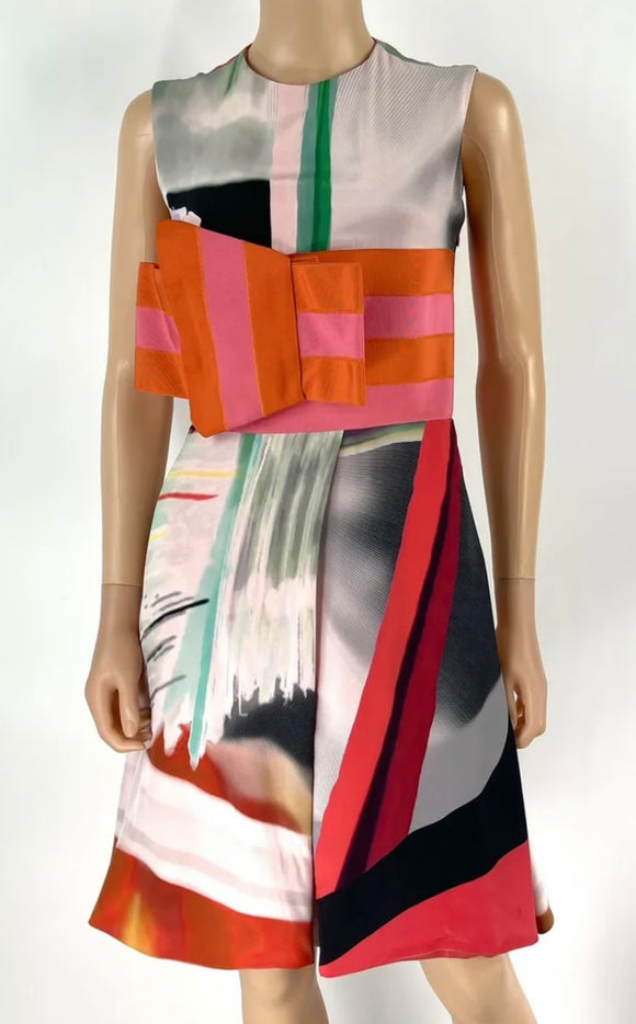 Giorgio Armani New Multicolor 100% Silk Bow Detail Knee Length Dress