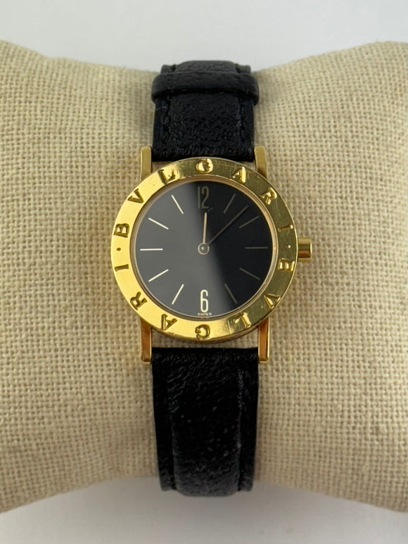 Bvlgari 18K Yellow Gold Watch Quartz Black Leather Band