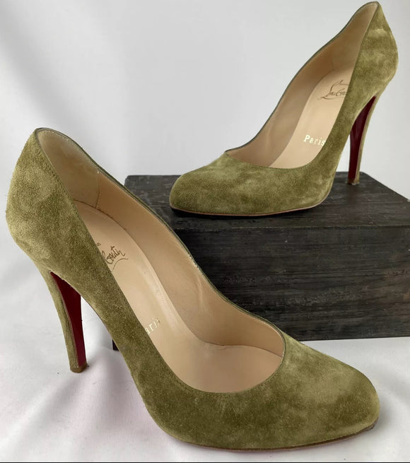 Christian Louboutin Olive Suede Round Toe Pumps Size 37.5 / US 7.5