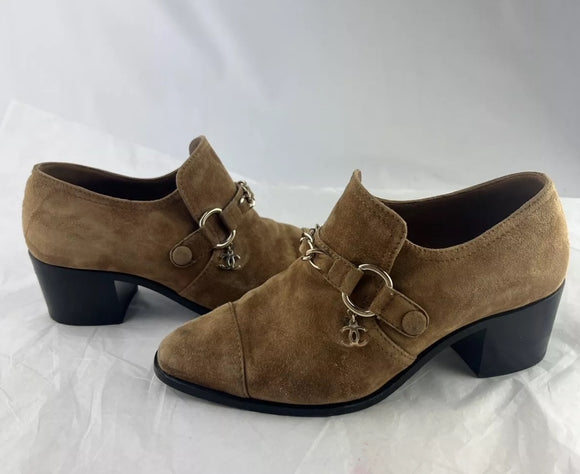 Chanel Brown Suede Booties w/ Charm Logo Size 35