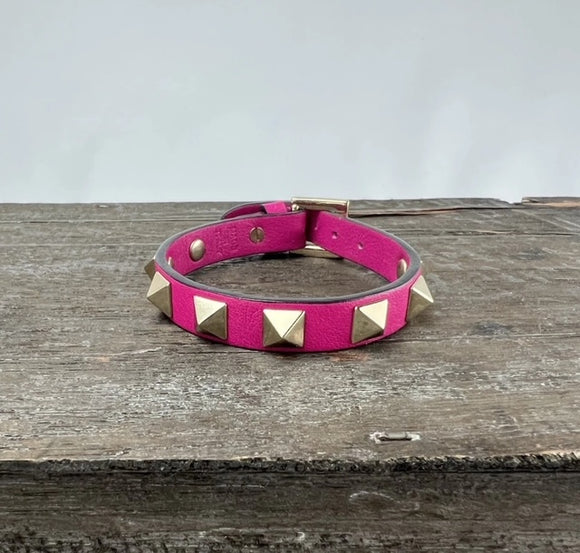 Valentino Hot Pink Stud Leather Buckle Bracelet