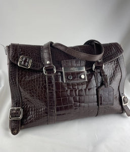Prada St. Cocco Lucido Bauletto Handle Bag Crocodile Embossed Leather Brown