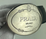 Prada Black Saffiano Leather Engraved Oval Plaque Buckle Belt