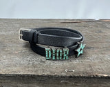 DIOR Black Leather Buckle Turquoise Star Wrap Bracelet