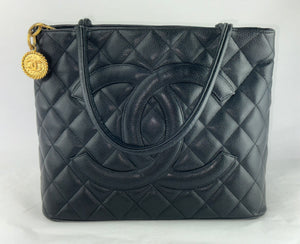 Chanel Black Caviar Leather Quilted Medallion Tote Bag Purse