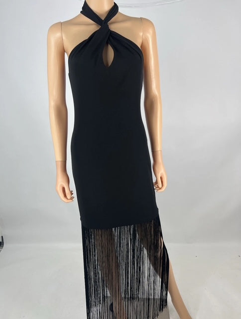 Alice & Olivia Black Steph Fringe Midi Dress Size 6