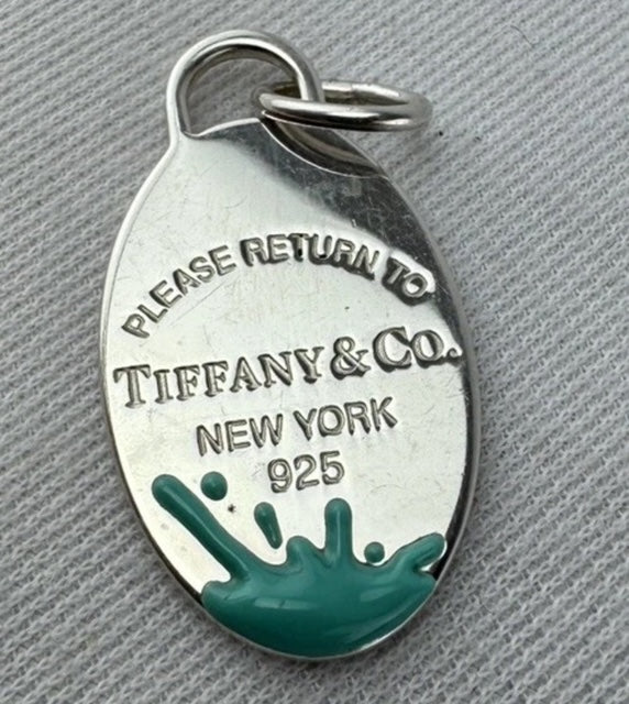 Tiffany Co Sterling Silver Blue Enamel Splash Large Oval Tag Charm Pendant
