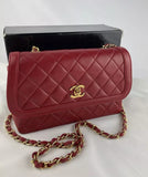 Chanel Vintage Red Quilted Leather Flap Gold CC Chain Shoulder Bag Purse w/ Wallet Insert