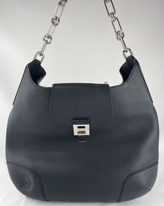 Michael Kors Medium Satchel Shoulder Bag Black Leather Flap Purse Chain Handle