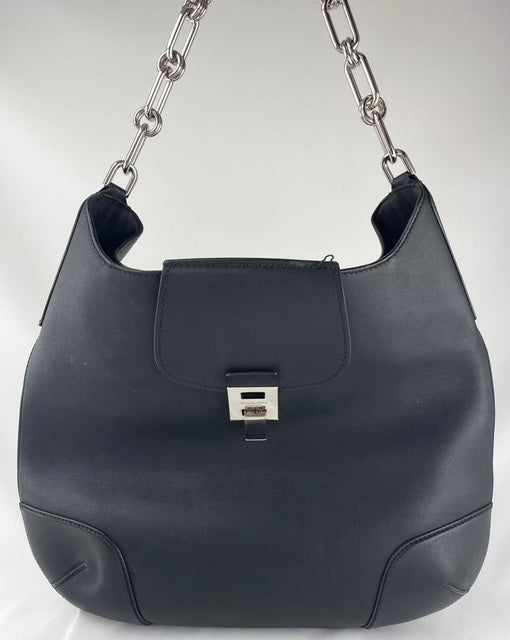 Michael Kors Medium Satchel Shoulder Bag Black Leather Flap Purse Chain Handle