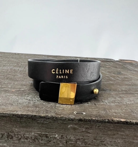CÉLINE Paris Black Leather and Gold Wrap Buckle Bracelet