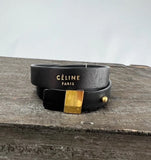 CÉLINE Paris Black Leather and Gold Wrap Buckle Bracelet
