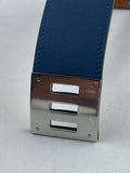 Hermes Kelly Dog Blue Calfskin Leather & Silver Wide Bracelet Cuff S