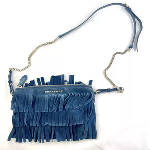 Burberry Fringe Peyton Blue Suede Crossbody Purse Bag