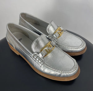 Fendi Vitello O'Lock Silver Leather Loafers Shoes 35