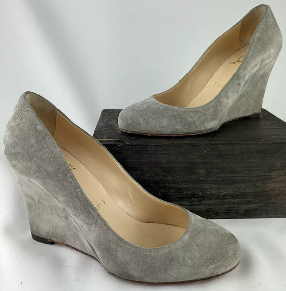 Christian Louboutin Light Gray Suede Round Toe Wedge Heels Size 37 / US 7