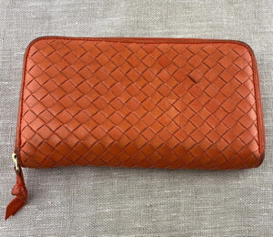 Bottega Veneta Orange Zip Around Intracato Wallet