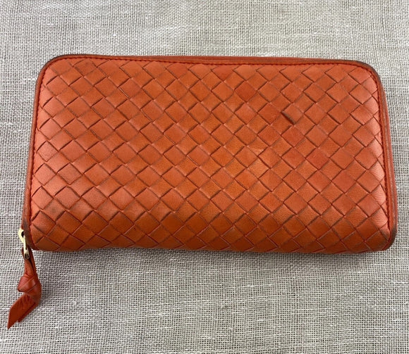 Bottega Veneta Orange Zip Around Intracato Wallet