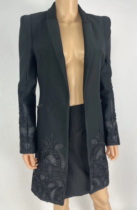 Alexis Embroidered Women's Black Coat Blazer Open Front Size XS