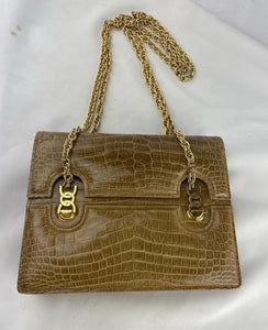 Gucci Tan Crocodile Shoulder Purse Gold Chain