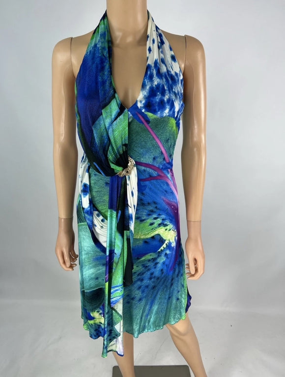 Roberto Cavalli Halter Printed Dress With Gold Madallion Size 40