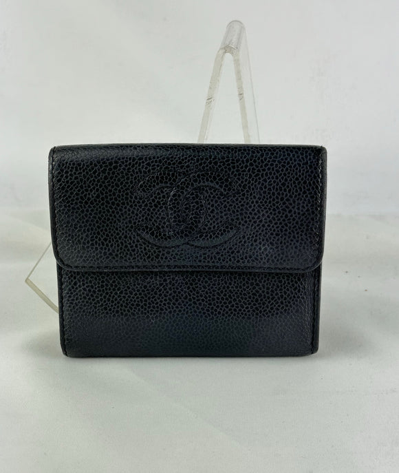 Chanel CC Logo Black Caviar Leather Trifold Wallet