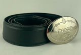 Prada Black Saffiano Leather Engraved Oval Plaque Buckle Belt
