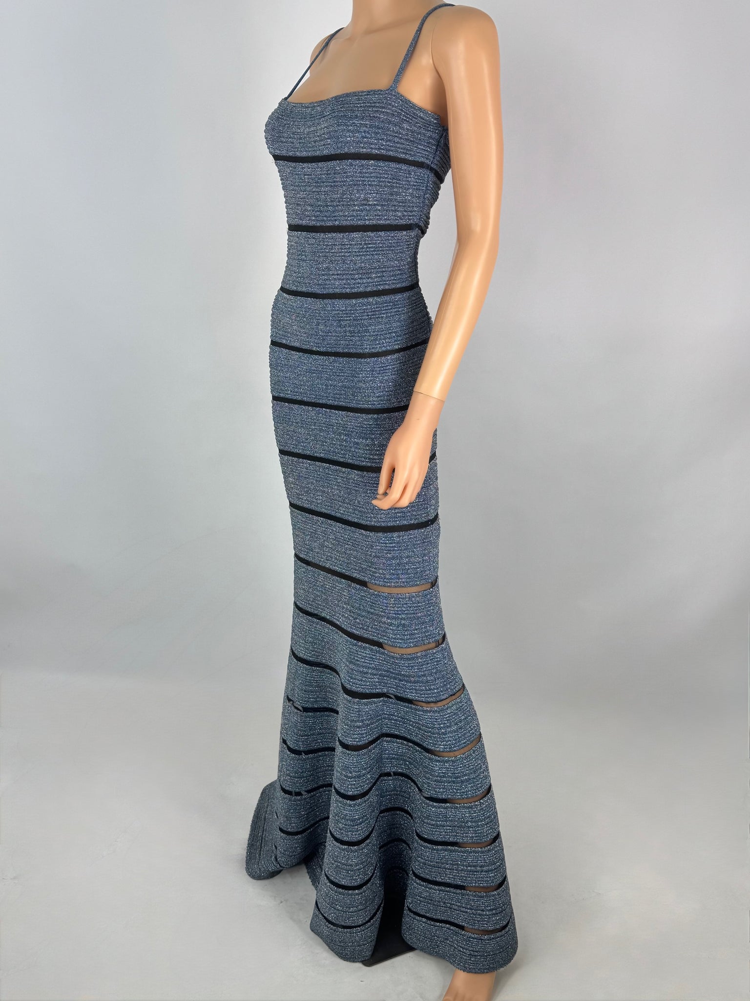 Herve Leger Blue Metallic Striped Maxi Dress Evening Gown Size Small pennypincherboutique Herve Leger Blue Metallic Striped Maxi Dress Evening Gown Size Small pennypincherboutique
