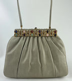 Judith Leiber Karung Snakeskin Taupe Semi Precious Stones Bag Clutch
